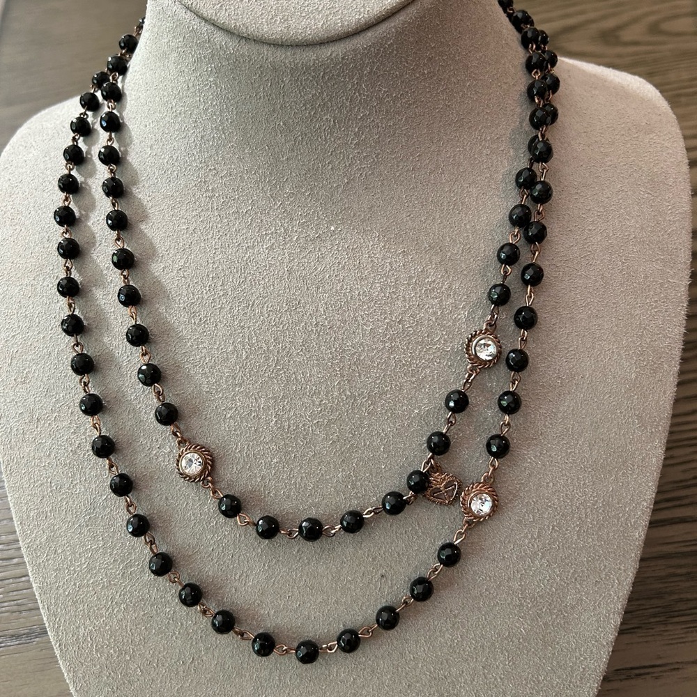 Virgin Saints and Angels Long black bead and Crystal Necklace